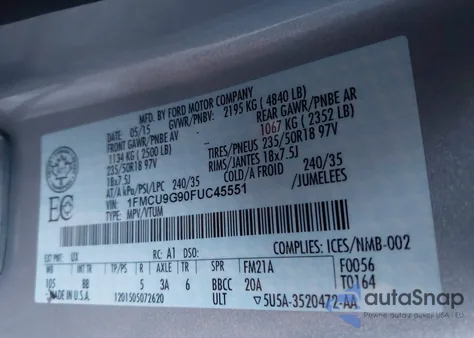 2015 Ford Escape Se from USA, damaged, VIN 1FMCU9G90FUC45551